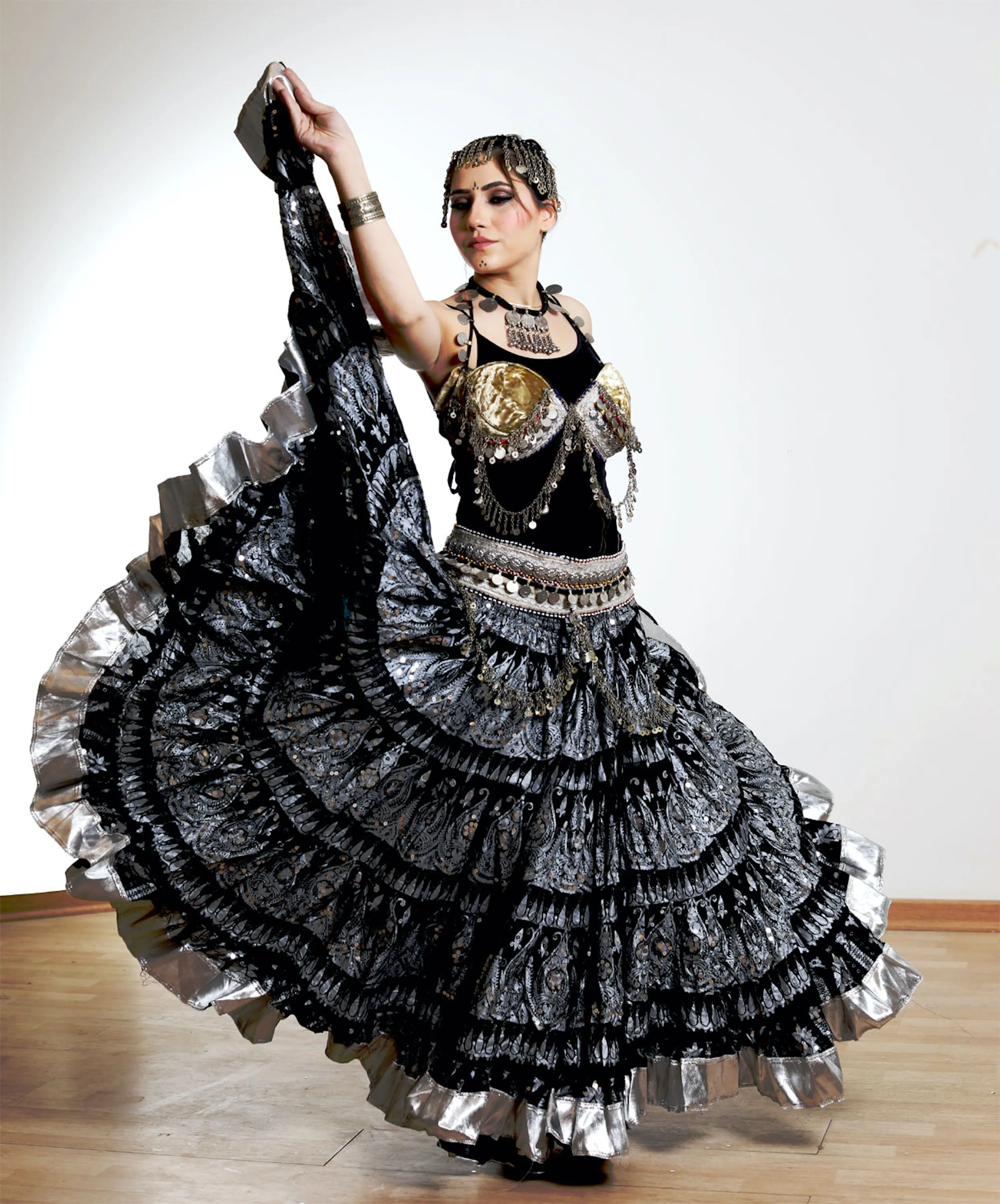Block print skirt black beauty with shiny silver border WLS