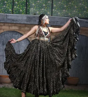 Block print skirt geometric pattern design black/gold WLS