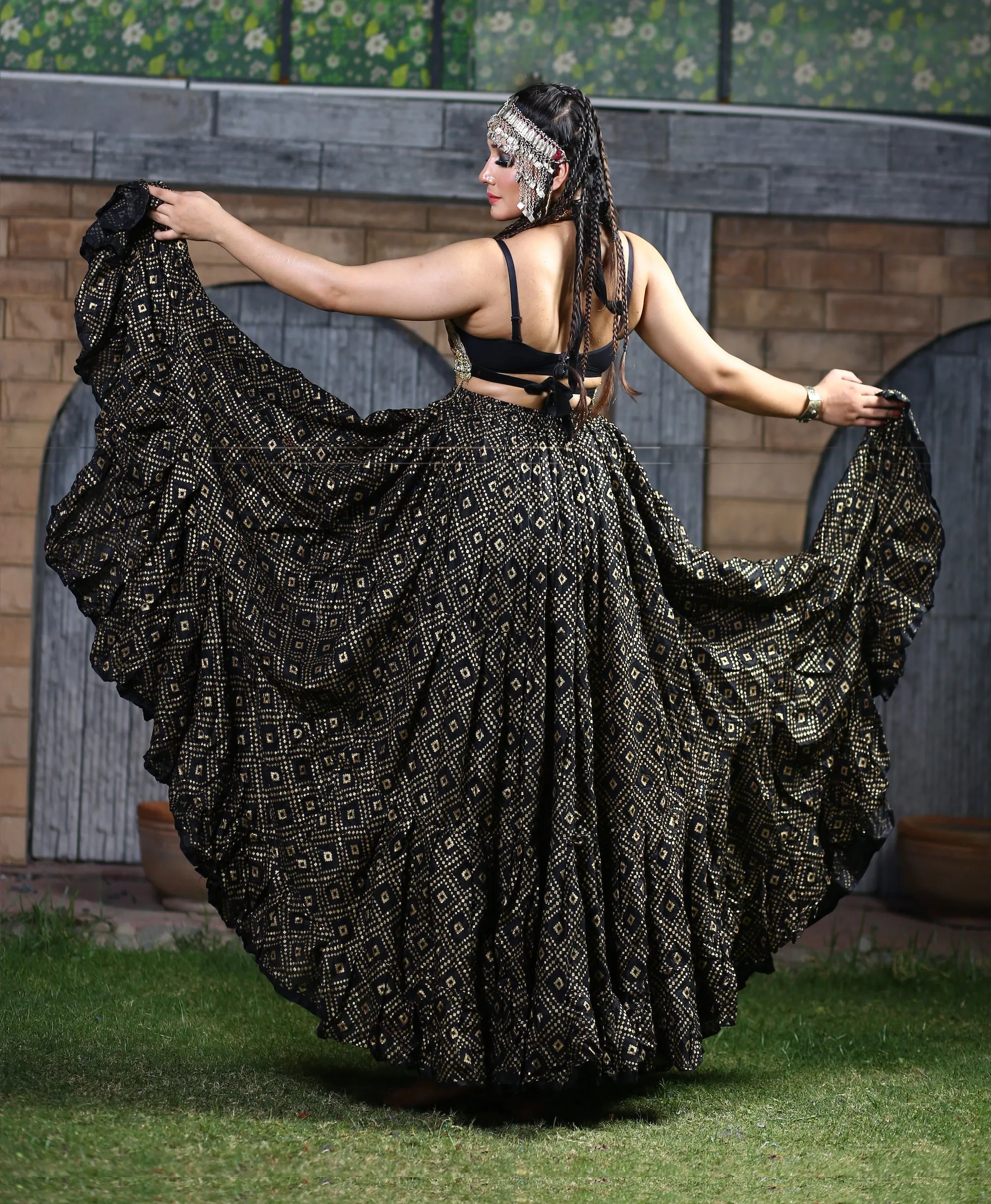 Block print skirt geometric pattern design black/gold WLS