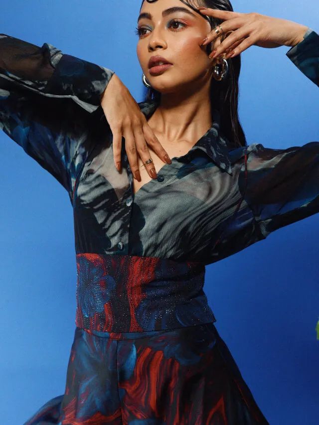 Blue Habutai Silk & Chiffon Printed Co-Ord Set