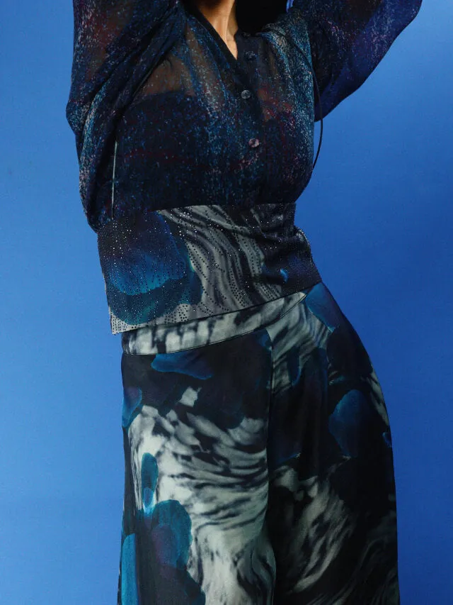 Blue Habutai Silk & Chiffon Printed Co-Ord Set