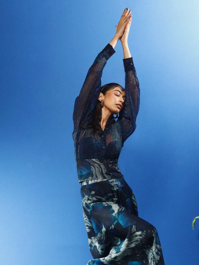 Blue Habutai Silk & Chiffon Printed Co-Ord Set