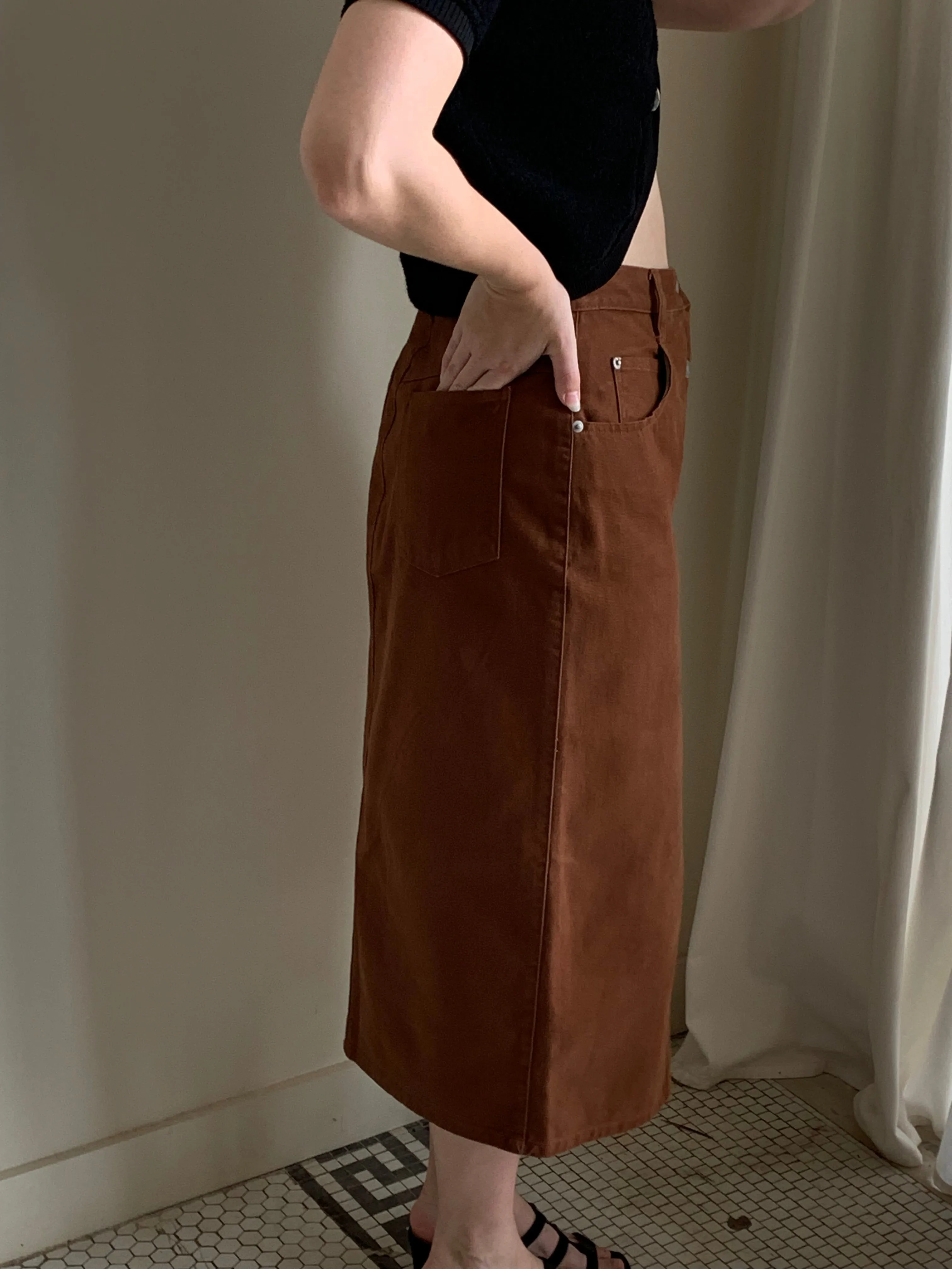 Brown denim vintage midi skirt