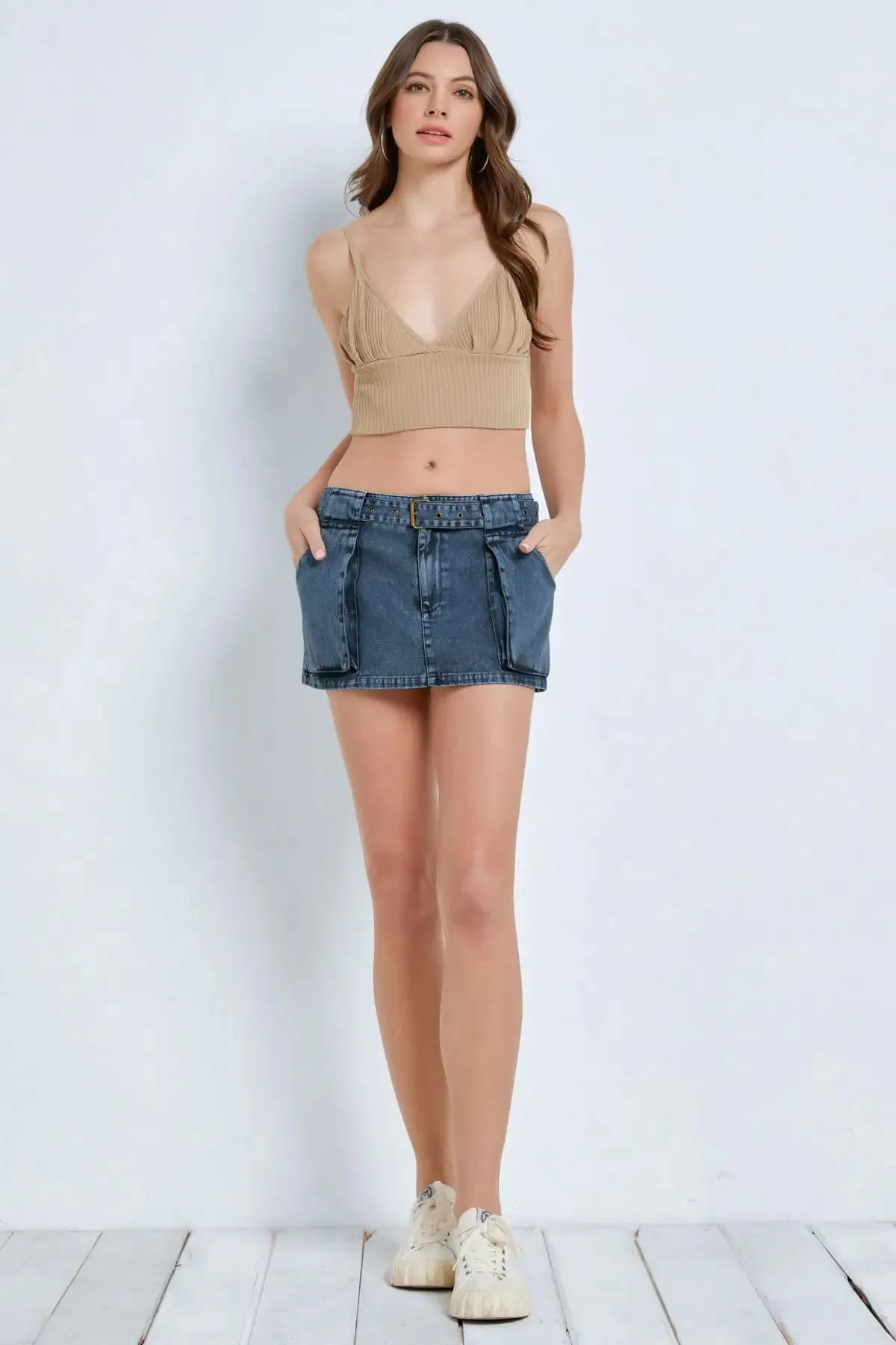 Buckle Belted Low Rise Front Pockets Mini Denim Skirt