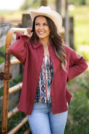 Burgundy Gauze Textured Button Up Top