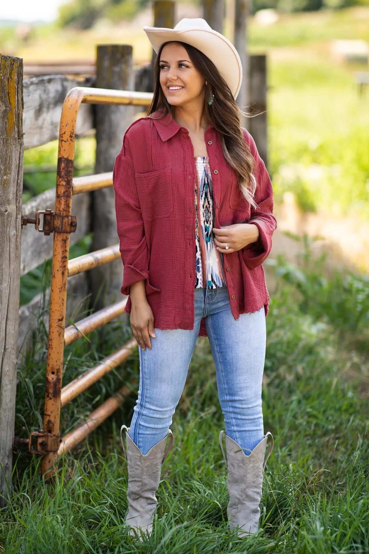 Burgundy Gauze Textured Button Up Top