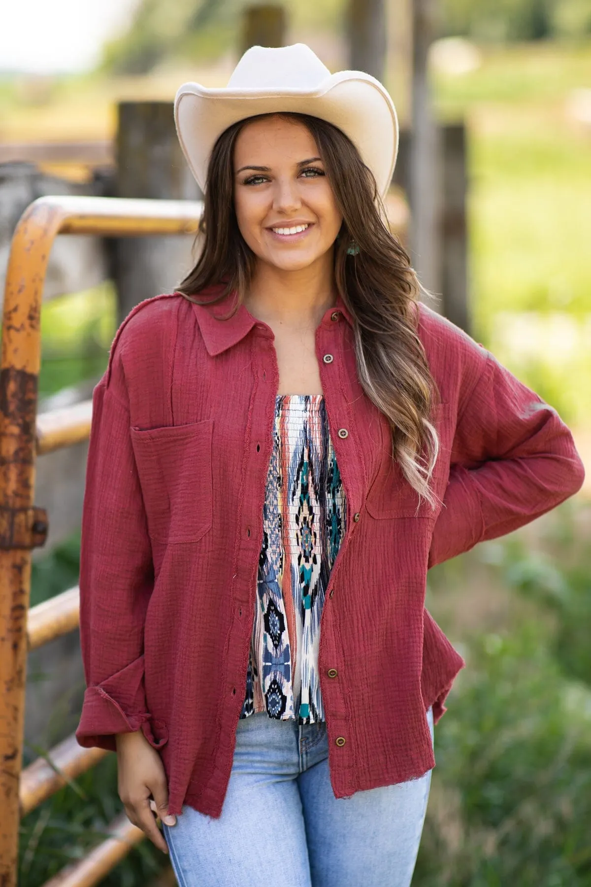 Burgundy Gauze Textured Button Up Top
