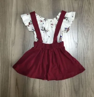 Burgundy Suspender Skirt Set with White Pattern Tee