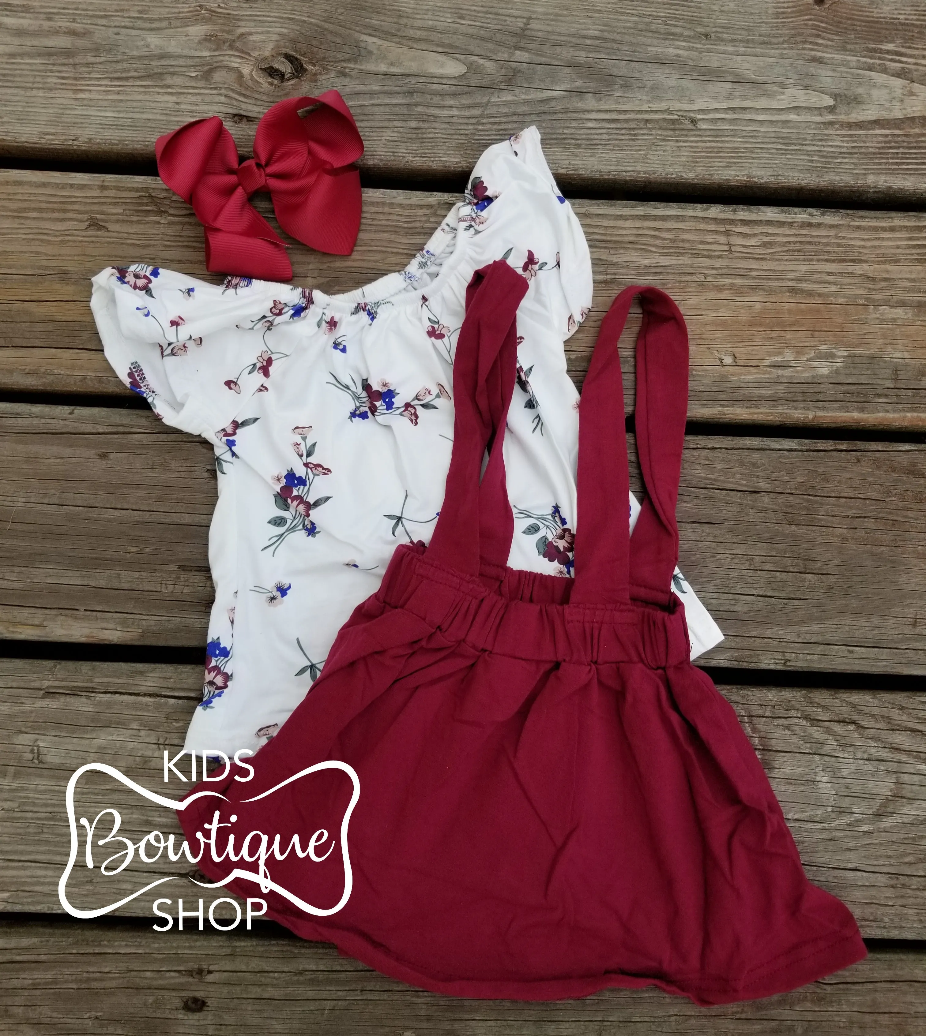 Burgundy Suspender Skirt Set with White Pattern Tee