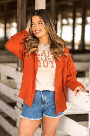 Burnt Orange Gauze Button Up Fray Hem Top