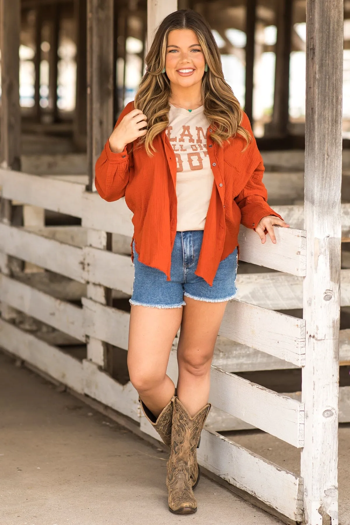 Burnt Orange Gauze Button Up Fray Hem Top