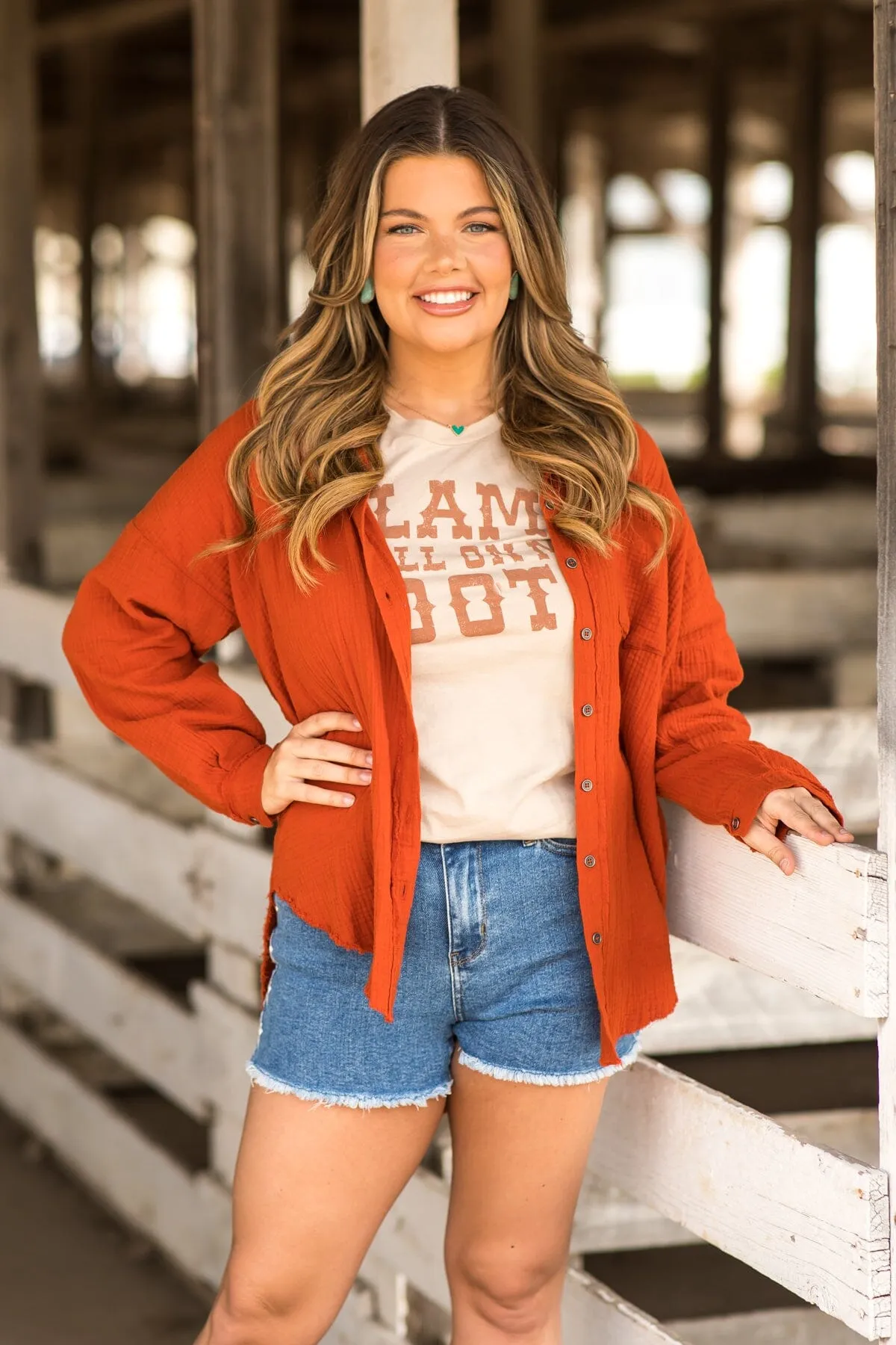 Burnt Orange Gauze Button Up Fray Hem Top