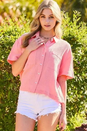 Button Down Cotton Gauze Top in Coral