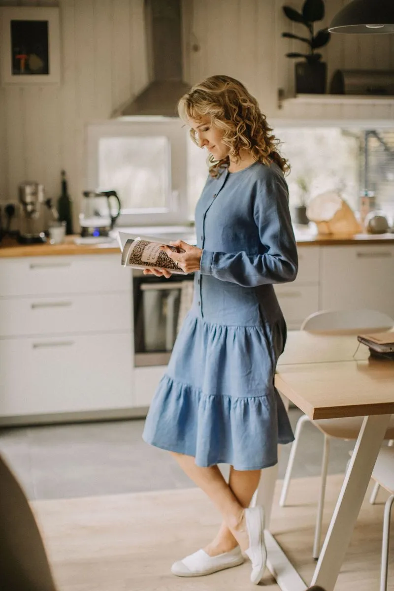 Buttoned Top Ruffled Linen Dress