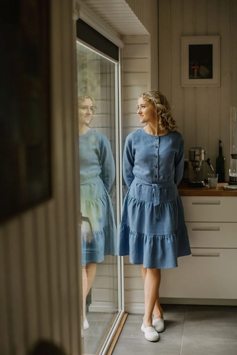 Buttoned Top Ruffled Linen Dress