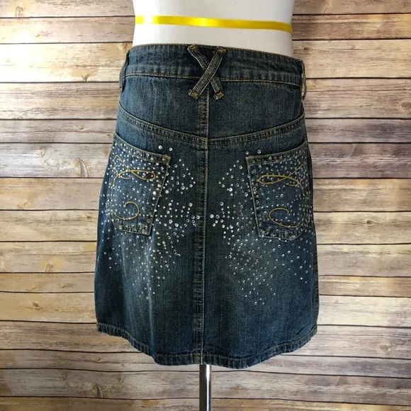 Cache Dark Wash Bedazzled Jeweled Denim Skirt