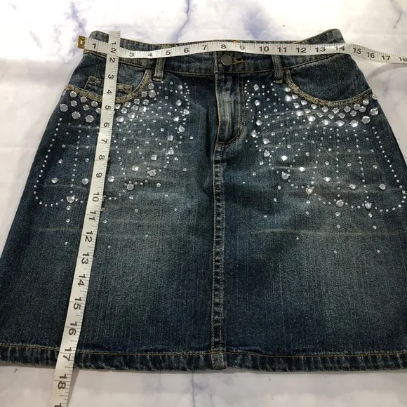 Cache Dark Wash Bedazzled Jeweled Denim Skirt