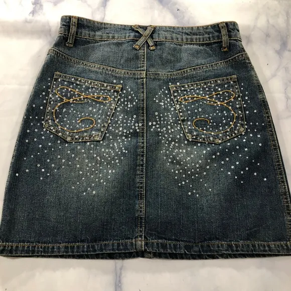 Cache Dark Wash Bedazzled Jeweled Denim Skirt