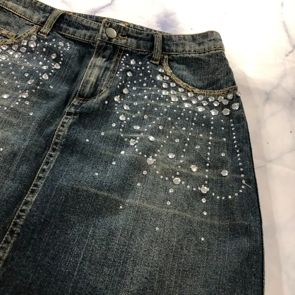 Cache Dark Wash Bedazzled Jeweled Denim Skirt