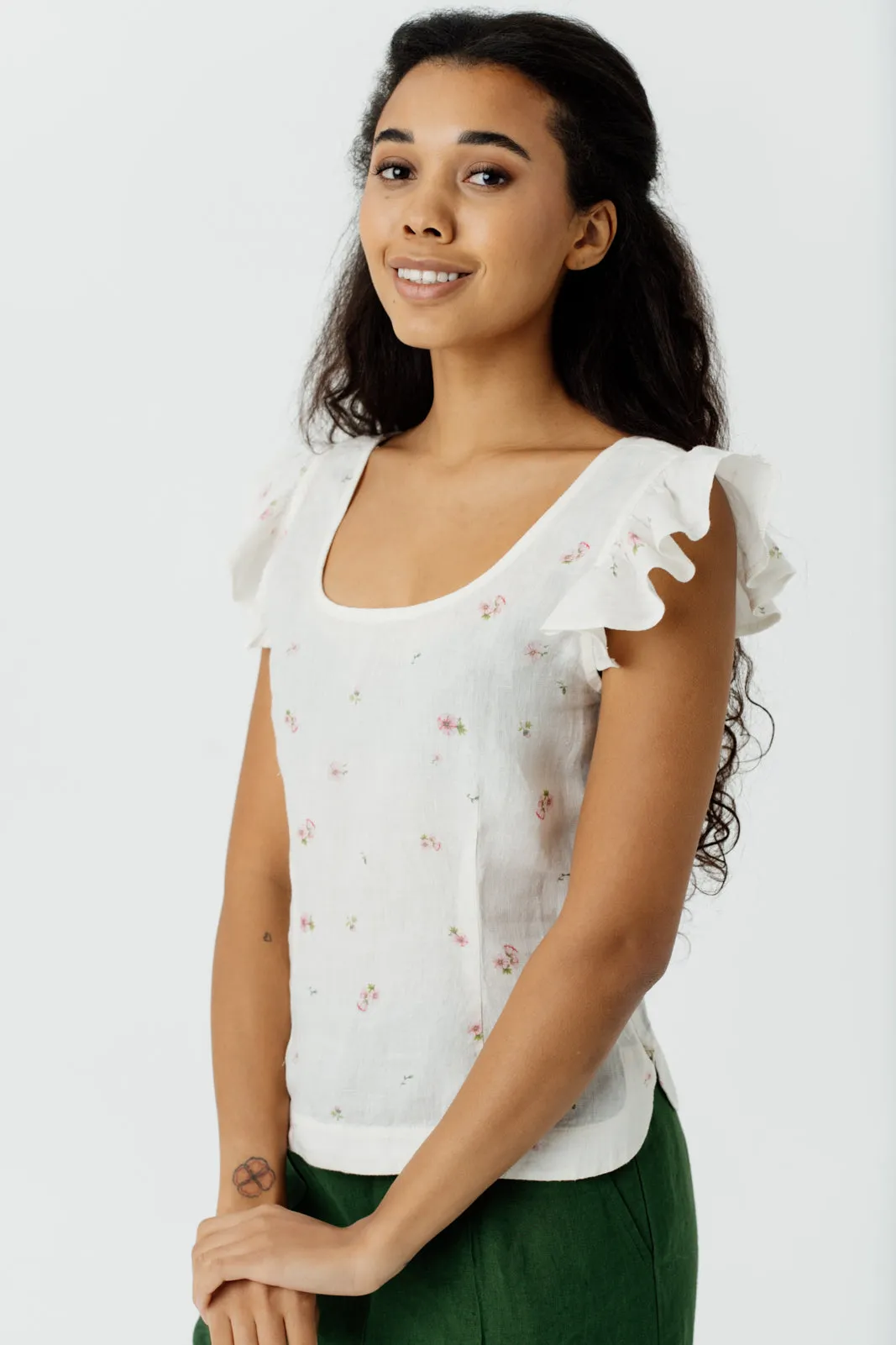 Carmen Top, Ruffle Sleeve, Apple Blossom
