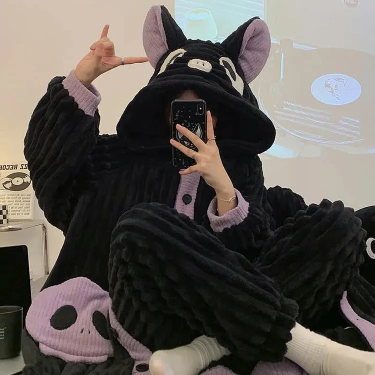 Cartoon Bat Plush Hooded Pajamas Set