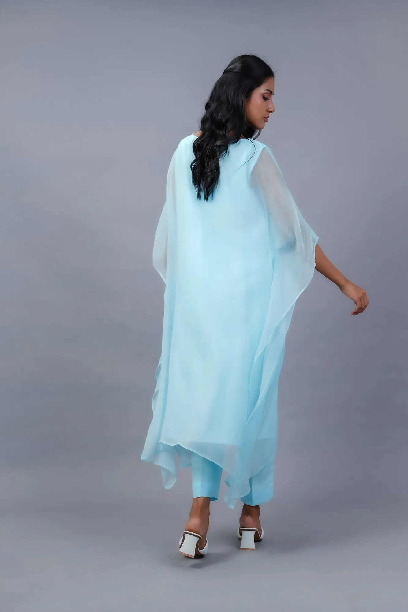 Chambray Blue Hand-Embellished Chiffon Poncho Set