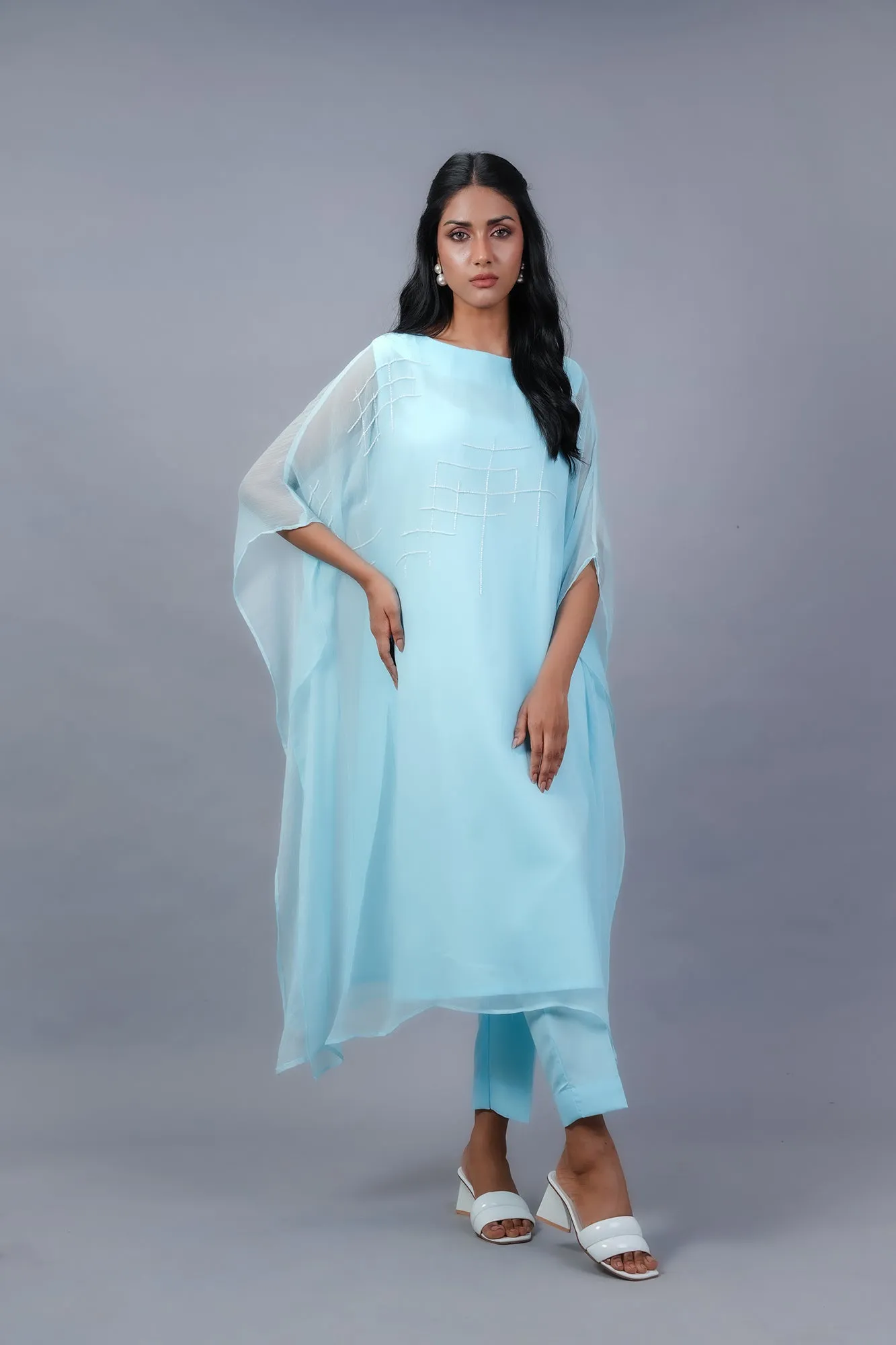 Chambray Blue Hand-Embellished Chiffon Poncho Set