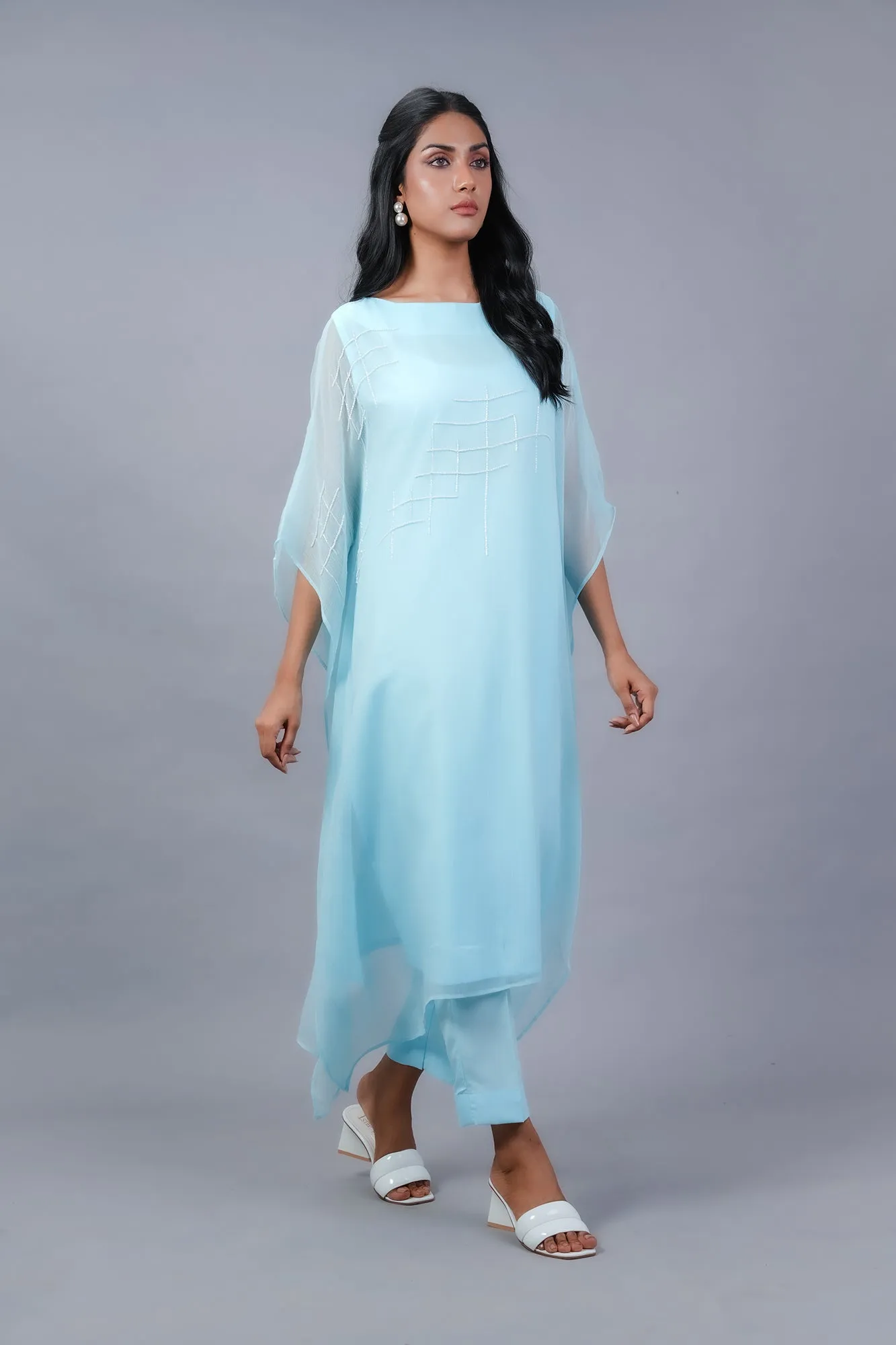 Chambray Blue Hand-Embellished Chiffon Poncho Set