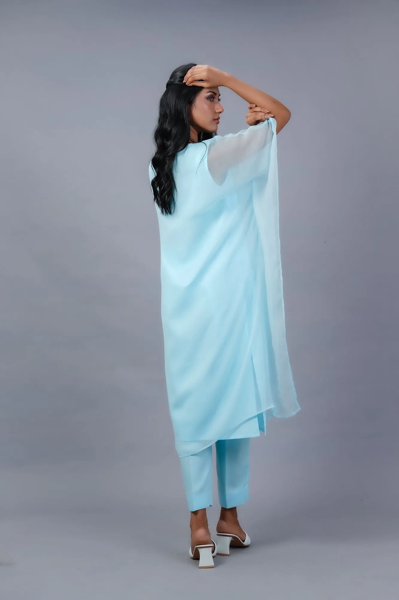 Chambray Blue Hand-Embellished Chiffon Poncho Set