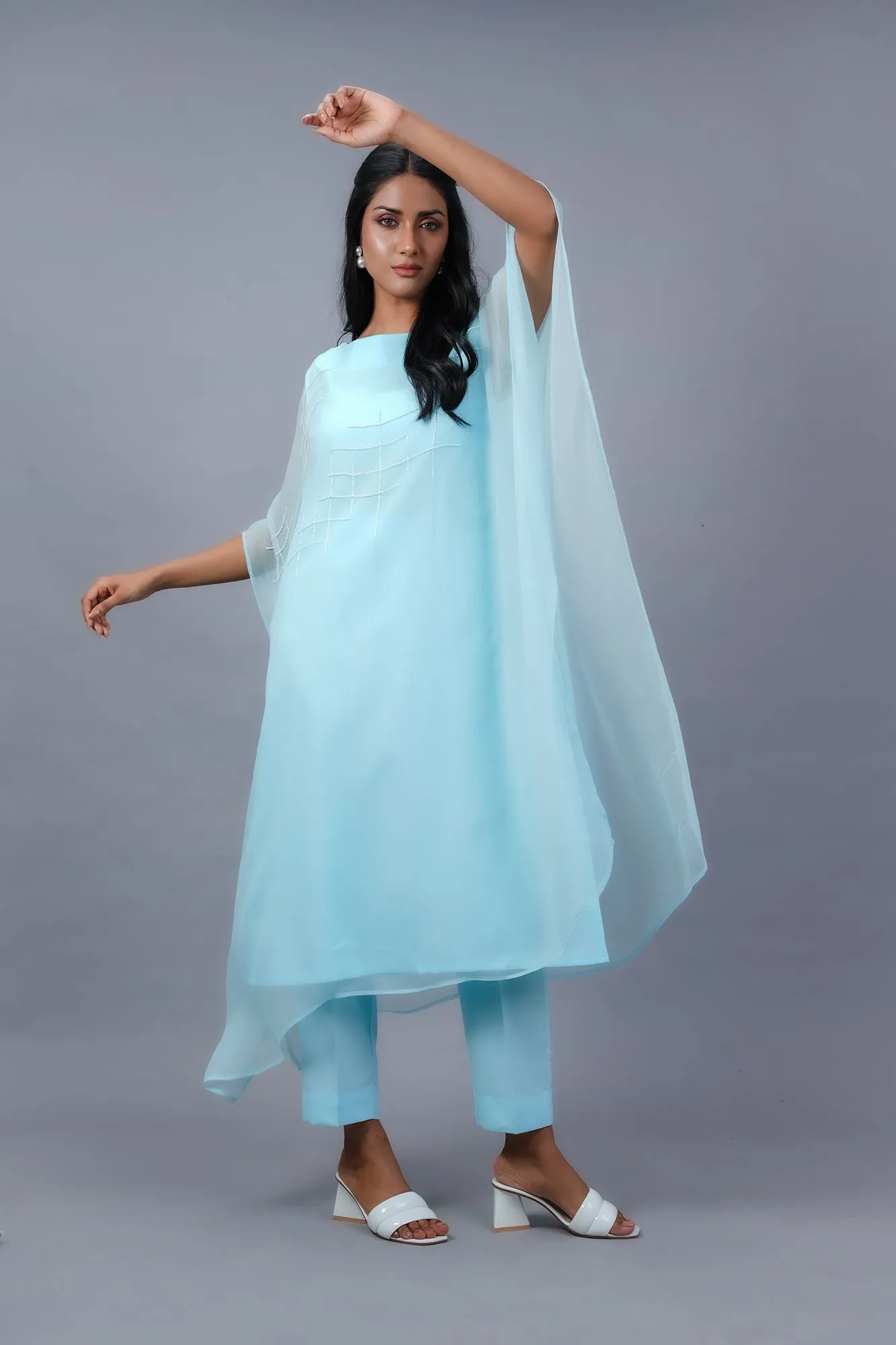 Chambray Blue Hand-Embellished Chiffon Poncho Set