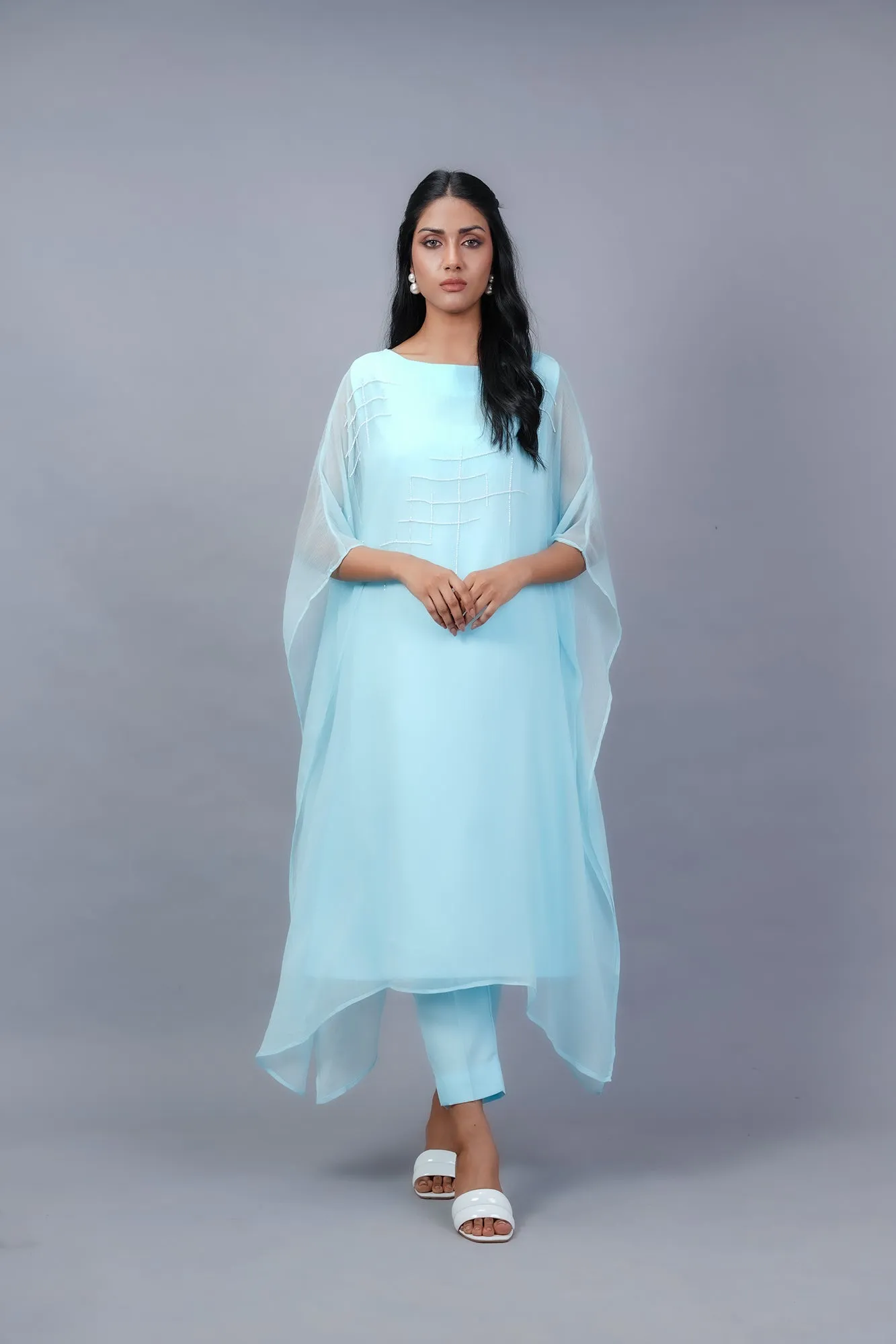Chambray Blue Hand-Embellished Chiffon Poncho Set