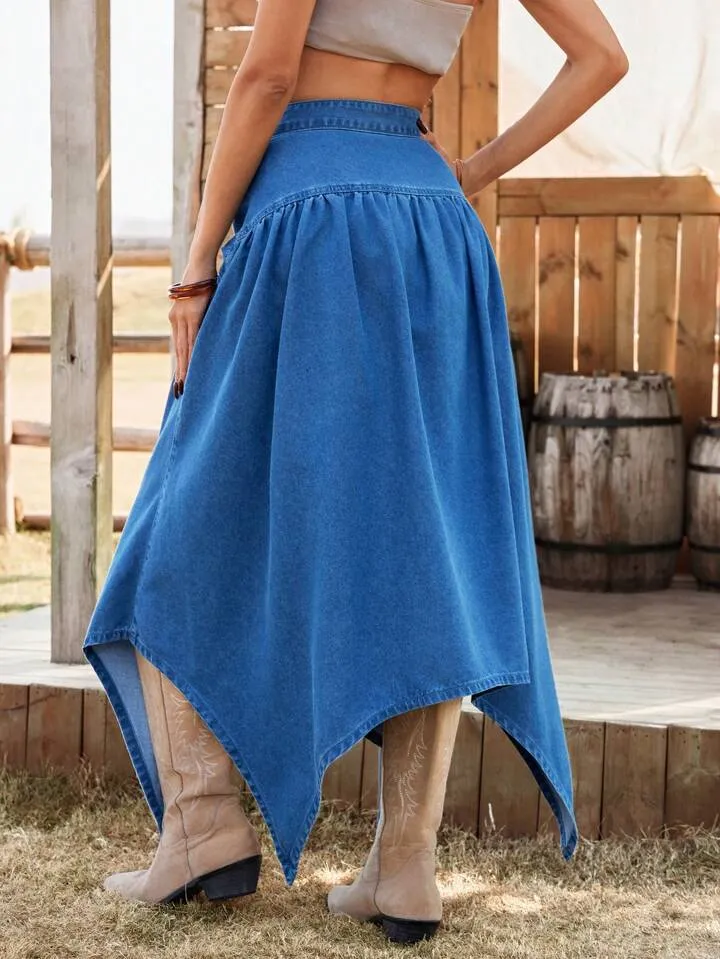 CM-BS174712 Women Trendy Bohemian Style Asymmetrical Tie Waist Long Denim Skirt - Blue