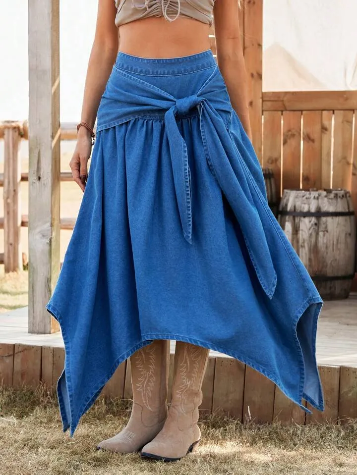 CM-BS174712 Women Trendy Bohemian Style Asymmetrical Tie Waist Long Denim Skirt - Blue