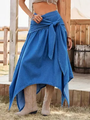 CM-BS174712 Women Trendy Bohemian Style Asymmetrical Tie Waist Long Denim Skirt - Blue