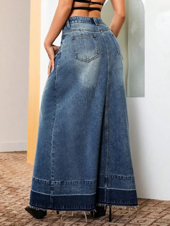 CM-BS182889 Women Casual Seoul Style Dark Wash Raw Hem Split Thigh Denim Skirt