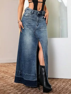 CM-BS182889 Women Casual Seoul Style Dark Wash Raw Hem Split Thigh Denim Skirt