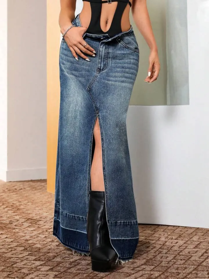 CM-BS182889 Women Casual Seoul Style Dark Wash Raw Hem Split Thigh Denim Skirt
