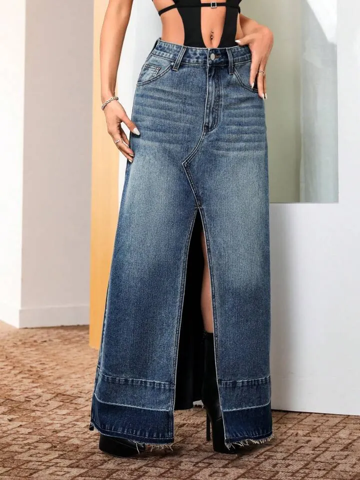 CM-BS182889 Women Casual Seoul Style Dark Wash Raw Hem Split Thigh Denim Skirt