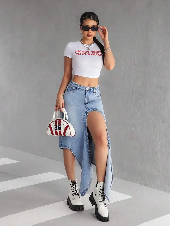 CM-BS541178 Women Casual Seoul Style Front Button Pocket Slit Denim A-Line Skirt - Blue