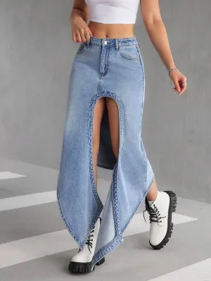 CM-BS541178 Women Casual Seoul Style Front Button Pocket Slit Denim A-Line Skirt - Blue