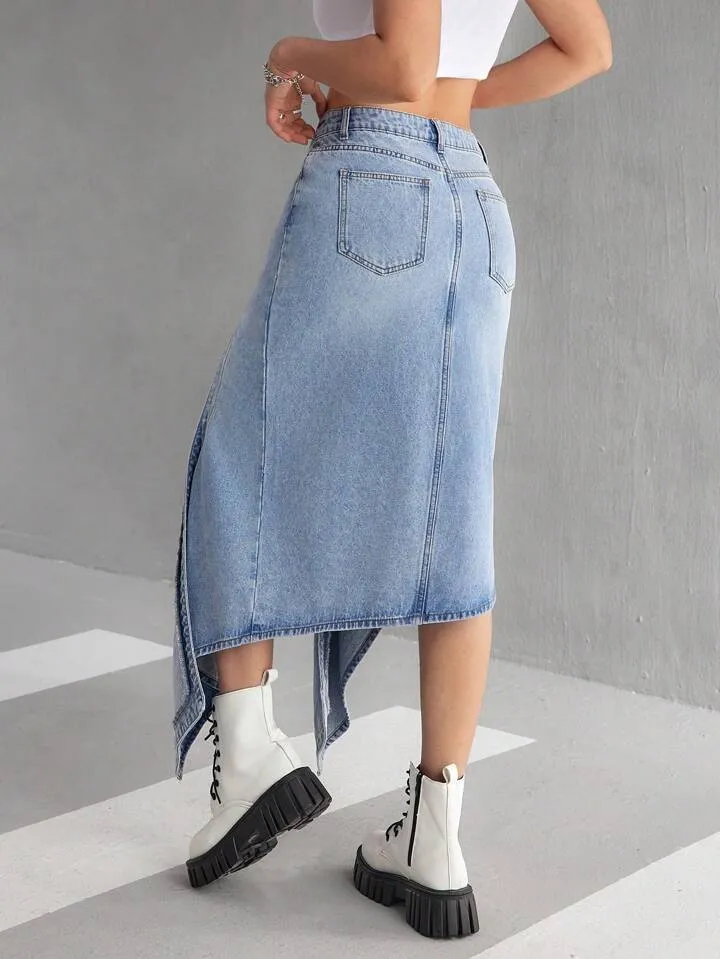 CM-BS541178 Women Casual Seoul Style Front Button Pocket Slit Denim A-Line Skirt - Blue