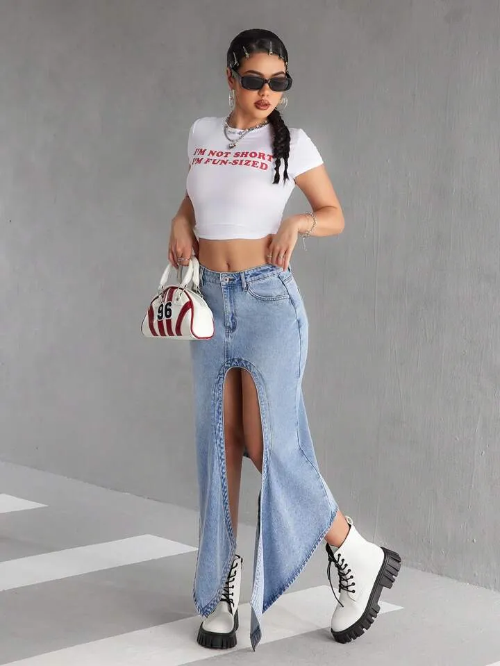 CM-BS541178 Women Casual Seoul Style Front Button Pocket Slit Denim A-Line Skirt - Blue