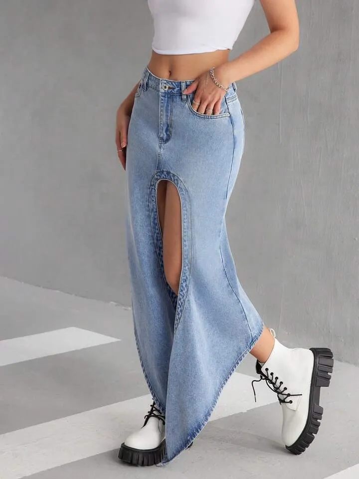CM-BS541178 Women Casual Seoul Style Front Button Pocket Slit Denim A-Line Skirt - Blue