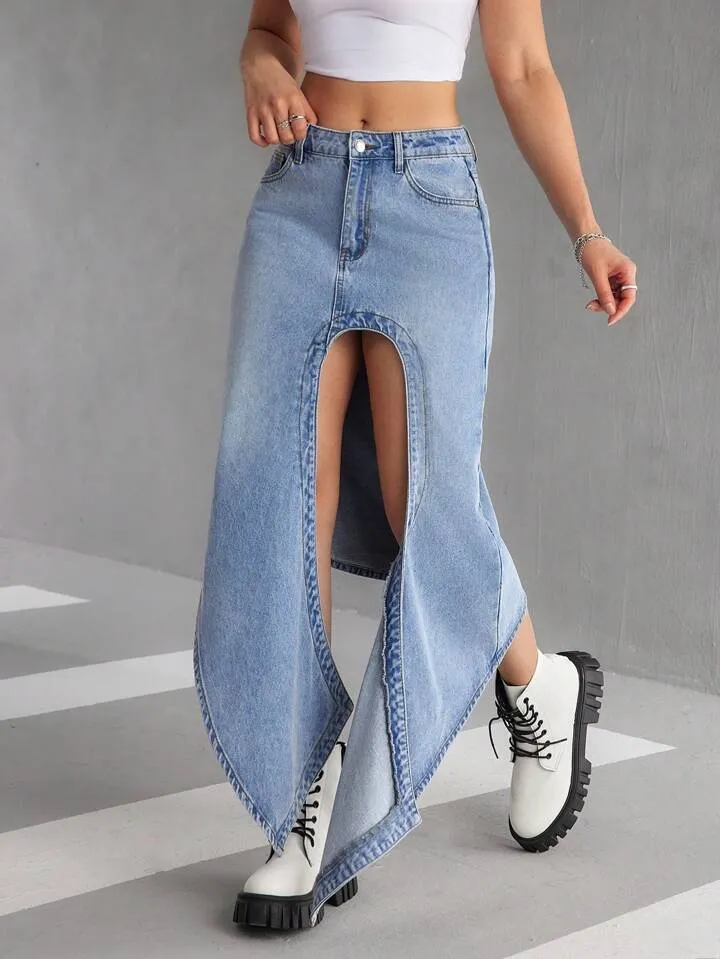 CM-BS541178 Women Casual Seoul Style Front Button Pocket Slit Denim A-Line Skirt - Blue