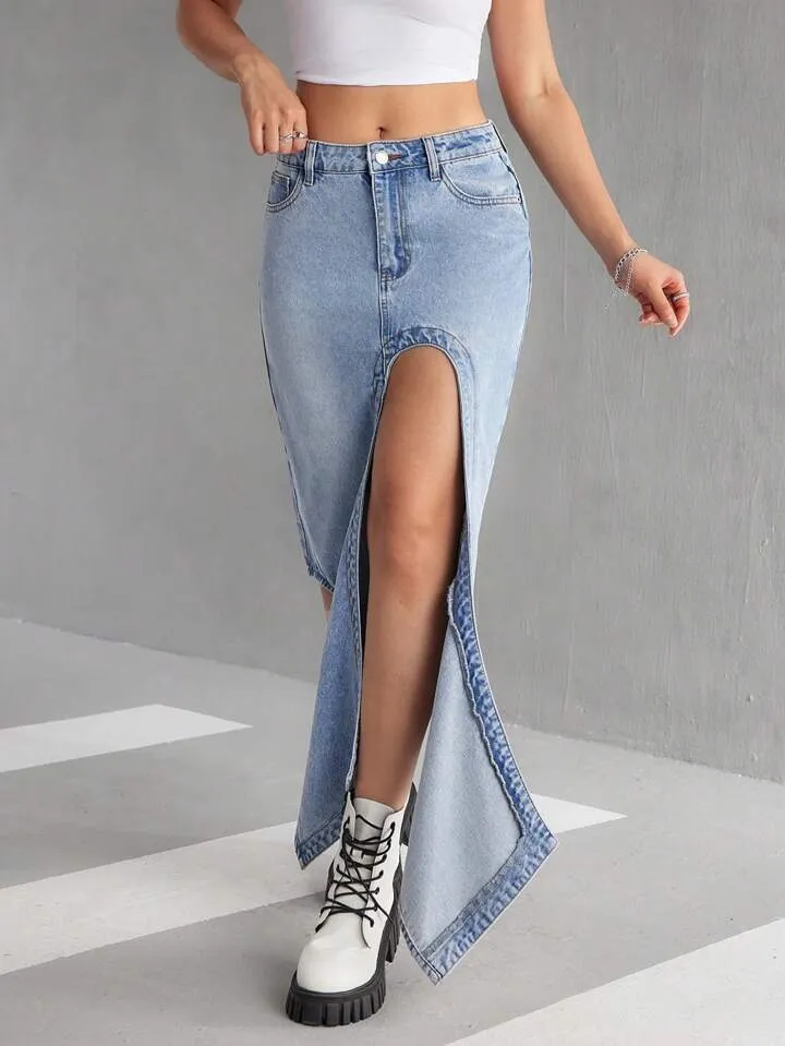 CM-BS541178 Women Casual Seoul Style Front Button Pocket Slit Denim A-Line Skirt - Blue
