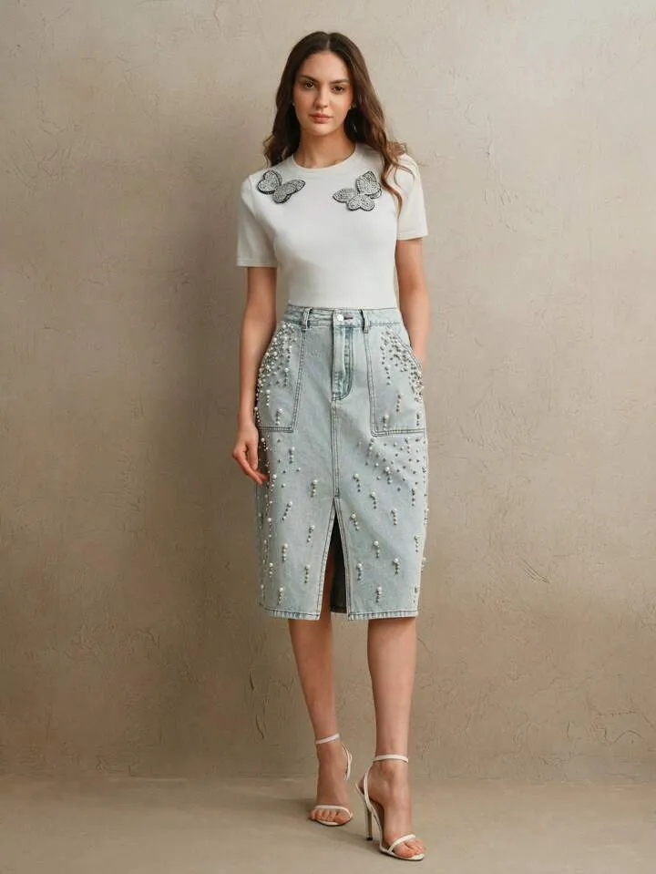 CM-BS676009 Women Elegant Seoul Style Light Wash Beaded Embellished Fitted Midi Denim Skirt