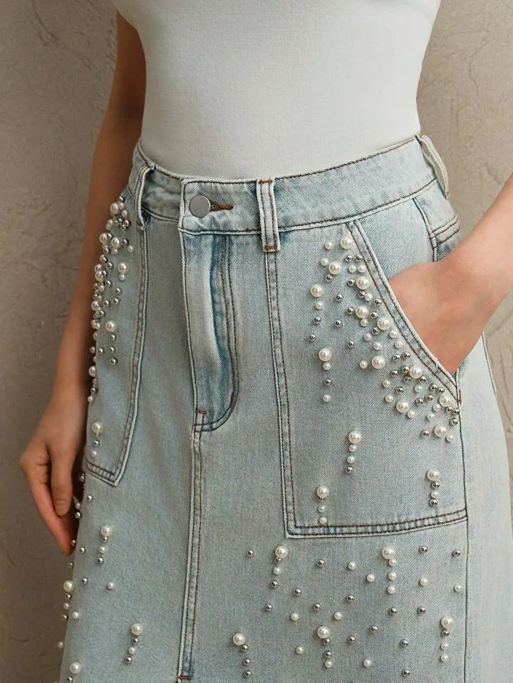 CM-BS676009 Women Elegant Seoul Style Light Wash Beaded Embellished Fitted Midi Denim Skirt