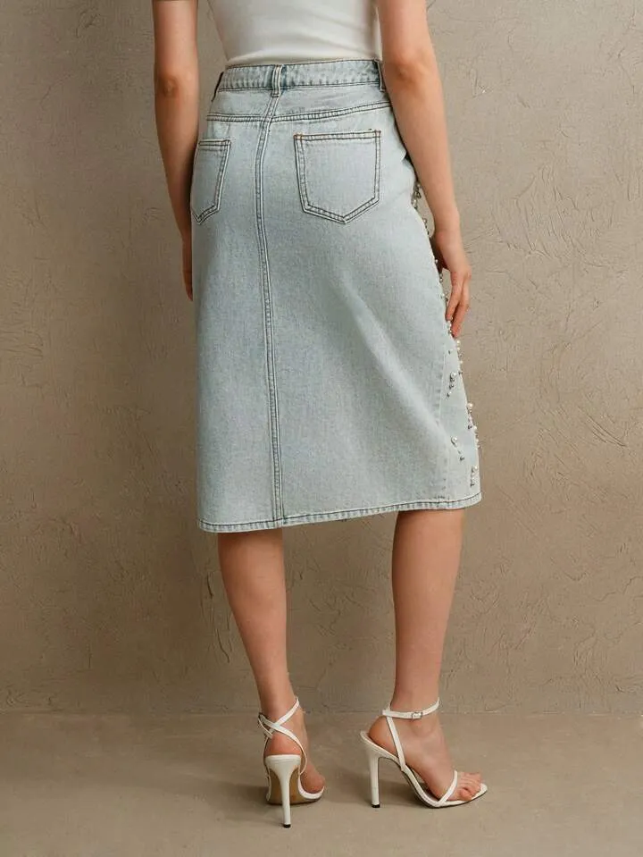 CM-BS676009 Women Elegant Seoul Style Light Wash Beaded Embellished Fitted Midi Denim Skirt