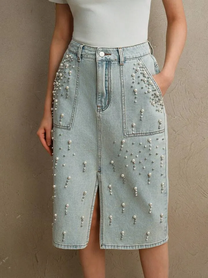 CM-BS676009 Women Elegant Seoul Style Light Wash Beaded Embellished Fitted Midi Denim Skirt
