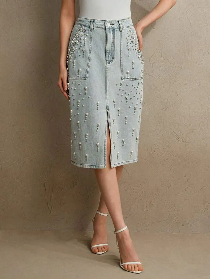CM-BS676009 Women Elegant Seoul Style Light Wash Beaded Embellished Fitted Midi Denim Skirt